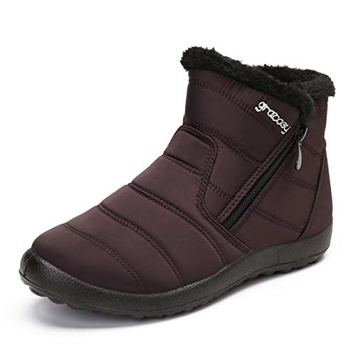 gracosy Botas de Mujer 2021 Otoño Invierno Goma Encaje Forro de Piel Punta Redonda Botas de Nieve Zapatos de Trabajo Formal Calzado Antideslizante Ligero Botines Que Caminan Café 42