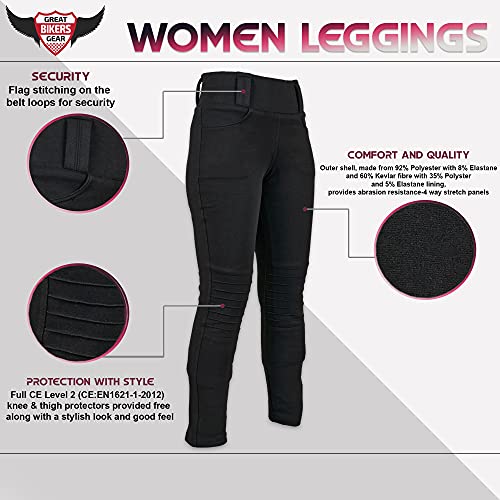 GREAT BIKERS GEAR - Motocicleta moto super leggings pantalones damas Kevlar forrado protección motocicleta mujeres polainas con armadura CE extraíble, (pierna corta), Black-design, 3XL