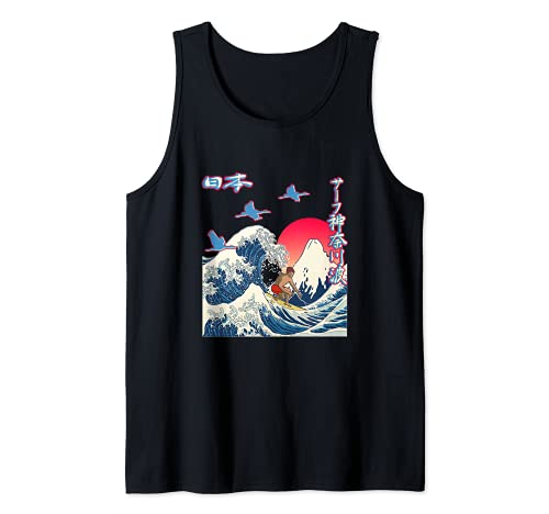 Great Wave off Kanagawa Surreal Surfer Japan Mt. Fuji Kanji Camiseta sin Mangas