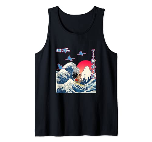 Great Wave off Kanagawa Surreal Surfer Japan Mt. Fuji Kanji Camiseta sin Mangas