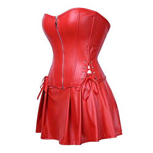Grebrafan De Lujo Clásico Corset Imitación Cuero Corsé Mini Falda Conjunto (EUR(44-46) 4XL, Rojo)
