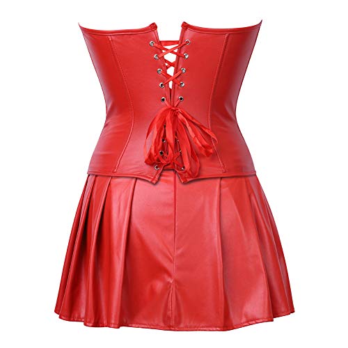 Grebrafan De Lujo Clásico Corset Imitación Cuero Corsé Mini Falda Conjunto (EUR(44-46) 4XL, Rojo)