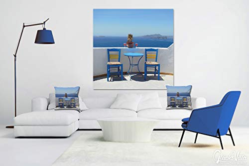 Grecia Siesta – cuadro mural de diseño, 120 x 120 cm, Pared Imagen XXL de impresión sobre vidrio acrílico 5 mm. Santorini pausa, vino, Rosé, silla, mesa, mar