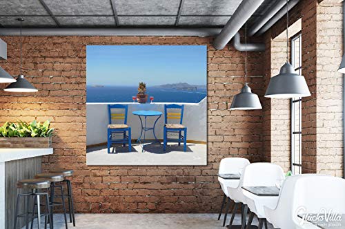 Grecia Siesta – cuadro mural de diseño, 120 x 120 cm, Pared Imagen XXL de impresión sobre vidrio acrílico 5 mm. Santorini pausa, vino, Rosé, silla, mesa, mar