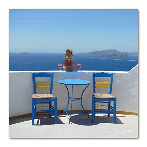 Grecia Siesta – cuadro mural de diseño, 120 x 120 cm, Pared Imagen XXL de impresión sobre vidrio acrílico 5 mm. Santorini pausa, vino, Rosé, silla, mesa, mar