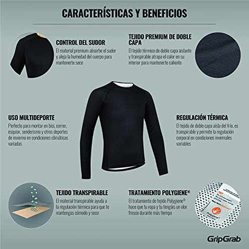 GripGrab Camiseta Interior Térmica Manga Larga para Ciclismo Running Ski y Deportes en Invierno Transpirable Anti Olor, Unisex Adulto, Negro, XL