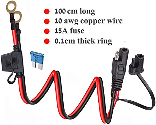 GTIWUNG 2PCS Cable de Conexión SAE, 10AWG SAE Conectores 100cm/3.3FT, Conexión SAE Alargador, con Terminal de Anillo, Rápida Conexión y Desconexión, con Fusible de 10A /15A