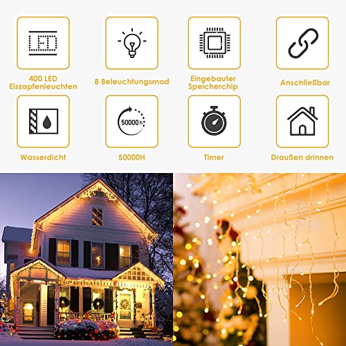 Guirnaldas Luminosas de Exterior 10M 400 LED al aire libre de Navidad Luces de hadas 8 modos de iluminación Luces de la cortina de la ventana para la decoración de Navidad de (blanco cálido)