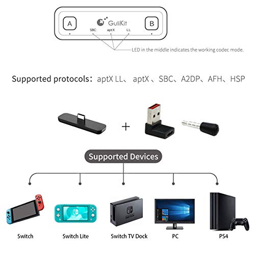 GULIkit Route Air+ Pro Adaptador Bluetooth para Nintendo Switch/Switch Lite PS4 PC, Transmisor Bluetooth Audio con aptX de Baja Latencia Compatible con Airpods Bose Sony y Auriculares Bluetooth