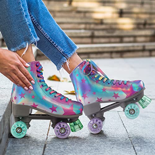 GVDV Patines para Mujer, Cuero PU Brillante Patines 4 Ruedas Niña, Roller Skates para Principiantes, Regalo Mujer