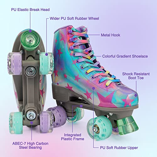 GVDV Patines para Mujer, Cuero PU Brillante Patines 4 Ruedas Niña, Roller Skates para Principiantes, Regalo Mujer