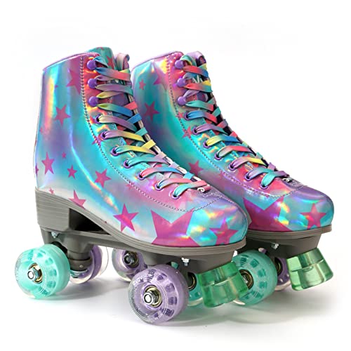 GVDV Patines para Mujer, Cuero PU Brillante Patines 4 Ruedas Niña, Roller Skates para Principiantes, Regalo Mujer