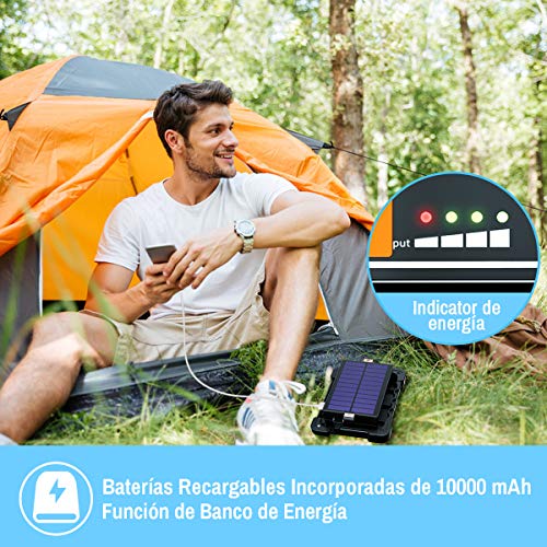 HACEVIDA Foco LED Recargable, Luz de Trabajo 80W 6000 Lúmenes/Panel Solar/ 4 Modos de Iluminación/Batería Externa de 10000mAh/ Base Magnética, Ideal para Camping, Trabajo, Pesca, Color Negro