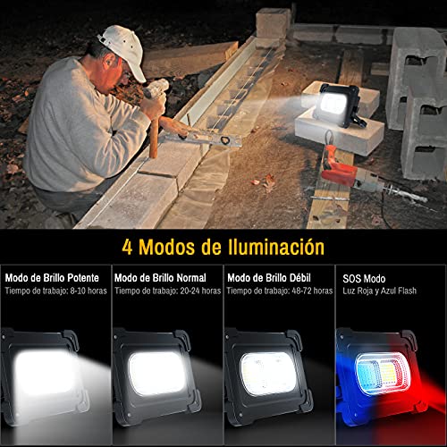 HACEVIDA Foco LED Recargable, Luz de Trabajo 80W 6000 Lúmenes/Panel Solar/ 4 Modos de Iluminación/Batería Externa de 10000mAh/ Base Magnética, Ideal para Camping, Trabajo, Pesca, Color Negro