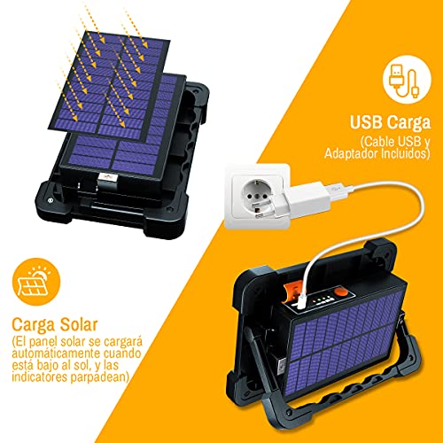 HACEVIDA Foco LED Recargable, Luz de Trabajo 80W 6000 Lúmenes/Panel Solar/ 4 Modos de Iluminación/Batería Externa de 10000mAh/ Base Magnética, Ideal para Camping, Trabajo, Pesca, Color Negro