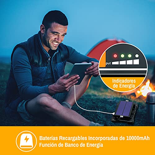 HACEVIDA Foco LED Recargable, Luz de Trabajo 80W 6000 Lúmenes/Panel Solar/ 4 Modos de Iluminación/Batería Externa de 10000mAh/ Base Magnética, Ideal para Camping, Trabajo, Pesca, Color Negro