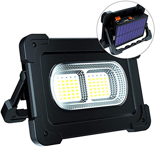 HACEVIDA Foco LED Recargable, Luz de Trabajo 80W 6000 Lúmenes/Panel Solar/ 4 Modos de Iluminación/Batería Externa de 10000mAh/ Base Magnética, Ideal para Camping, Trabajo, Pesca, Color Negro