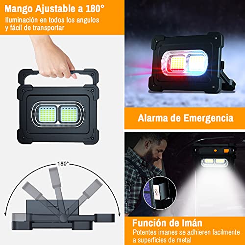 HACEVIDA Foco LED Recargable, Luz de Trabajo 80W 6000 Lúmenes/Panel Solar/ 4 Modos de Iluminación/Batería Externa de 10000mAh/ Base Magnética, Ideal para Camping, Trabajo, Pesca, Color Negro