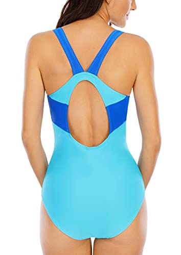 Halcurt Bañador deportivo de una pieza para mujer, espalda descubierta, Turquesa Azul, L