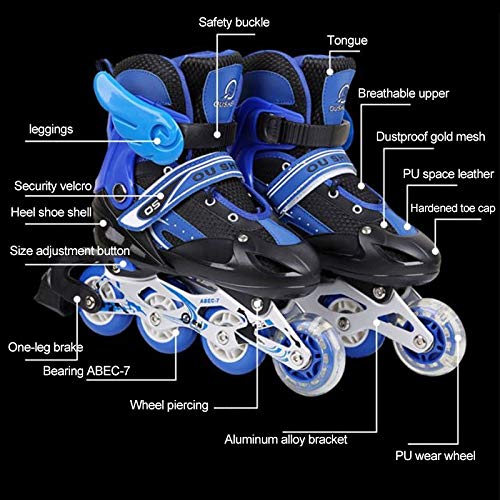 HaoLin Juego De Zapatillas De Patinaje para Patinaje Y Patines De Cuatro Ruedas Individuales para Niños con Flash Completo Ajustable,Blue-S