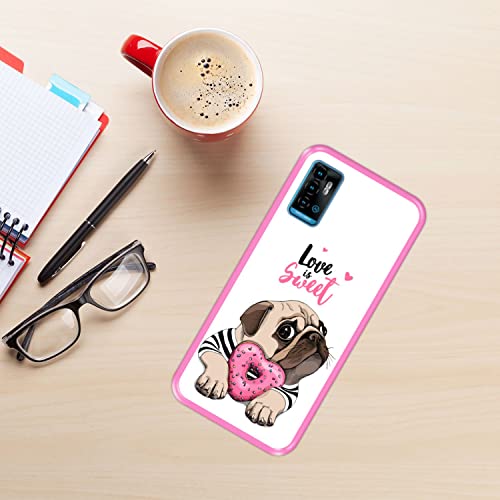 Hapdey Funda Rosa para [ ZTE Blade A71 ] diseño [ Adorable Cachorro Pug con una rosquilla Rosada ] Carcasa Silicona Flexible TPU