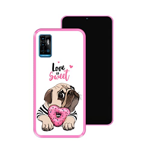 Hapdey Funda Rosa para [ ZTE Blade A71 ] diseño [ Adorable Cachorro Pug con una rosquilla Rosada ] Carcasa Silicona Flexible TPU