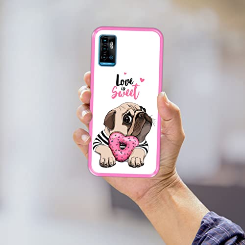 Hapdey Funda Rosa para [ ZTE Blade A71 ] diseño [ Adorable Cachorro Pug con una rosquilla Rosada ] Carcasa Silicona Flexible TPU