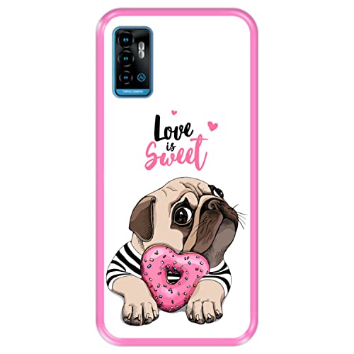 Hapdey Funda Rosa para [ ZTE Blade A71 ] diseño [ Adorable Cachorro Pug con una rosquilla Rosada ] Carcasa Silicona Flexible TPU