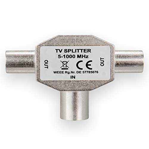 HB-DIGITAL Distribuidor de TV para cable DVB-C + recepción terrestre Divisor de TV DVB-T2 Divisor de TV de 2 vías Adaptador en T Carcasa de metal Antena de TV 1x entrada hembra IEC 2x salida macho IEC