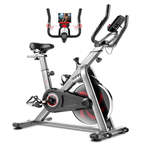 Heka Bicicleta Estática para Fitness con Rueda 13 kg, Bicicleta Spinning Bici Estática de Interior con APP, Resistencia Ajustable & Monitor de Frecuencia Cardíaca, Max.150 kg (Plata)