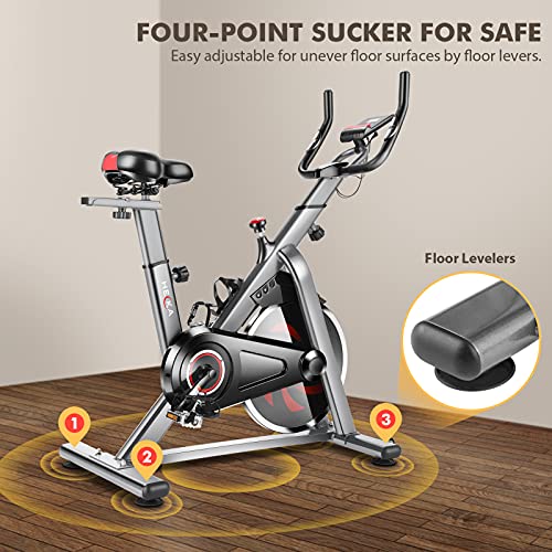Heka Bicicleta Estática para Fitness con Rueda 13 kg, Bicicleta Spinning Bici Estática de Interior con APP, Resistencia Ajustable & Monitor de Frecuencia Cardíaca, Max.150 kg (Plata)