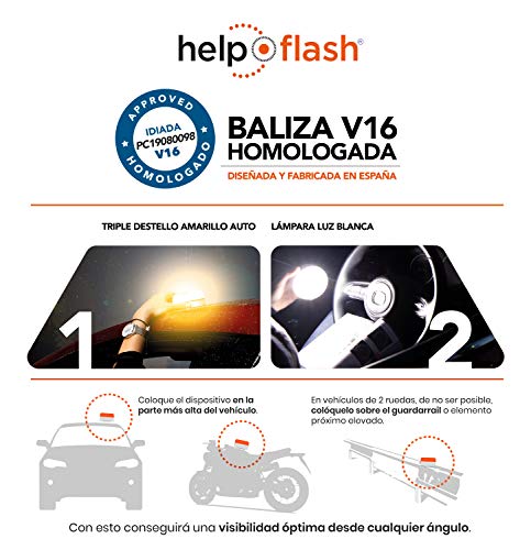 Help Flash 2.0 - Luz de emergencia autónoma - Señal V16 de preseñalización de peligro homologada, autorizada por la DGT