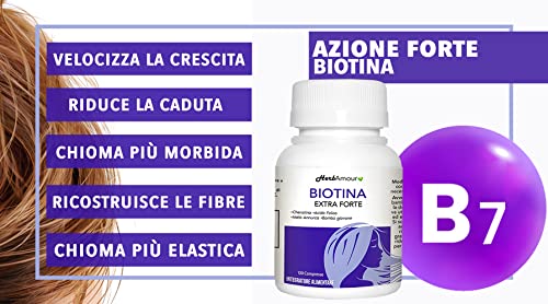 HerbAmour Biotina Extra Fuerte | Suplementos Para El Cabello Mujer | Efecto Anticaída, Fortalecimiento, Crecimiento | Vitaminas Con Biotina, Queratina, Manzana Annurca, Ácido Fólico y Bambú | 120 Cpr