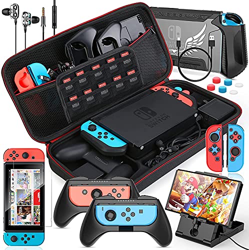 HEYSTOP Funda Compatible con Nintendo Switch, 16 in 1 Accesorios Switch con Carcasa de TPU+Grip Mandos+Protector de Pantalla+Soporte Regulable+Cable USB+Auriculares+Funda Comfort Grip+6 Pulgar Grips