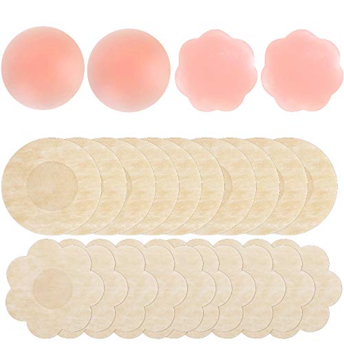 Hicdaw 24 Fundas para Pezón, Pezón y Pezón, Pegatinas de Silicona para Sujetador, Pezón, con 4 Fundas de Silicona Reutilizables, 20 Sujetadores Adhesivos Desechables para Pechos