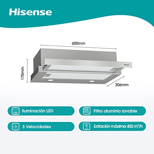 Hisense CH6TL4BX - Campana Telescópica 60 cm, Capacidad de Succión de 450 m³/h, Iluminación LED, Fácil Limpieza y Mantenimiento