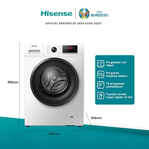 Hisense WFPV9014EM - Lavadora con Vapor, Carga Frontal 9 Kg, 1400 rpm, 16 Programas, Control de balanceo inteligente del tambor, Display LED, Programa rápido, Bloqueo Infantil