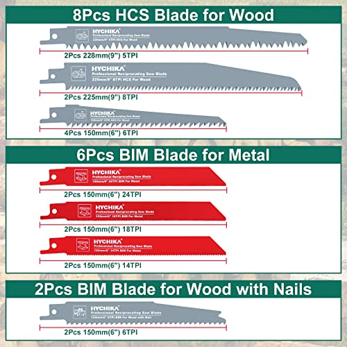 Hojas de Sierra Sable 16 pcs, HYCHIKA Hoja de Sierra de Sable Para Cortar Metal, Madera, Plástico, Con Caja de Almacenamiento