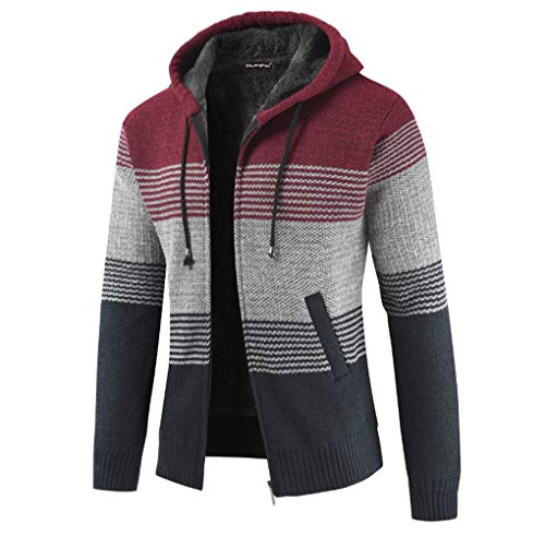 Hombre de Lana con Capucha Suéter Jerséis de Punto Grueso para Hombre Casual Invierno,CáRdigan Cardigan Sudadera con Cremallera Completa Suéte Jersey de Punto para Hombre (XL, Rojo)