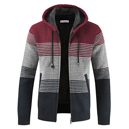 Hombre de Lana con Capucha Suéter Jerséis de Punto Grueso para Hombre Casual Invierno,CáRdigan Cardigan Sudadera con Cremallera Completa Suéte Jersey de Punto para Hombre (XL, Rojo)