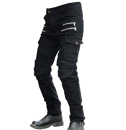 Hombres Pantalones De Motociclismo para Pantalones De Carreras De Motocross con Pantalones Anti Caída,Jeans de Moto, 4 x Equipo de protección (Negro, L=32W / 32L)