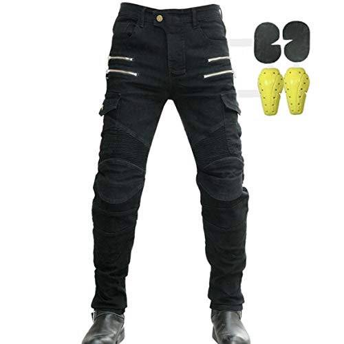 Hombres Pantalones De Motociclismo para Pantalones De Carreras De Motocross con Pantalones Anti Caída,Jeans de Moto, 4 x Equipo de protección (Negro, L=32W / 32L)