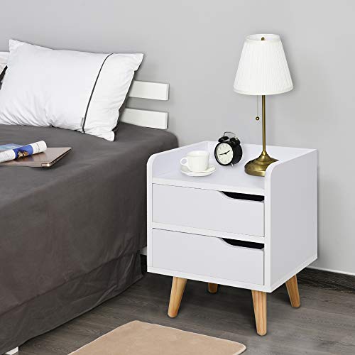 HOMCOM Mesa de Noche Multiusos Mesita Auxiliar para Sala de Estar o Dormitorio con 2 Cajones Espaciosos Patas Elevadas de Pino Diseño Moderno 33x28x42 cm Blanco