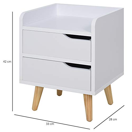 HOMCOM Mesa de Noche Multiusos Mesita Auxiliar para Sala de Estar o Dormitorio con 2 Cajones Espaciosos Patas Elevadas de Pino Diseño Moderno 33x28x42 cm Blanco