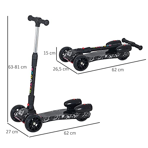 HOMCOM Patinete para Niños Scooter Plegable con Altura Ajustable de 4 Niveles y Música Luces y Nebulizador de Agua +3 Años 62x27x63-81 cm Negro