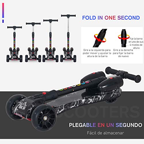 HOMCOM Patinete para Niños Scooter Plegable con Altura Ajustable de 4 Niveles y Música Luces y Nebulizador de Agua +3 Años 62x27x63-81 cm Negro