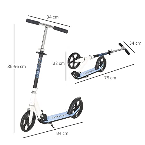 HOMCOM Patinete para Niños y Adultos Scooter Plegable Plegable Manillar Ajustable Marco Aluminio Ligero y Estable Carga 80kg Aluminio 84x34x86-96 cm Blanco