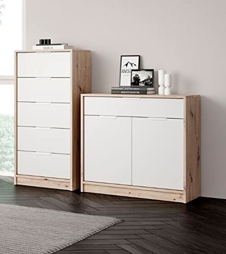 Home Heavenly® - Cómoda Dormitorio Blanca 2 Puertas + 1 cajón Canyon. Cajonera Gran Capacidad almacenaje. Acabados en Roble Natural. (Blanco y Roble)