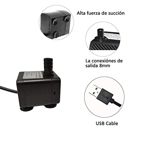 Homvik USB Mini Bomba de Agua Sumergible 200L/H 1.5W Bomba Agua para Fuente de Agua Mascotas Acuario Estanque y Pecera Ultra Silencioso Circulación de Agua Dulce y Marino