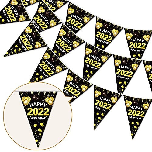 HOWAF Decoración de Fiesta de Nochevieja 2022 Oro Negro Bandera Feliz Año Nuevo Happy New Year 2022 Triángulo Guirnaldas Banderas para decoración de año Nuevo 2022 Fiesta Suministros